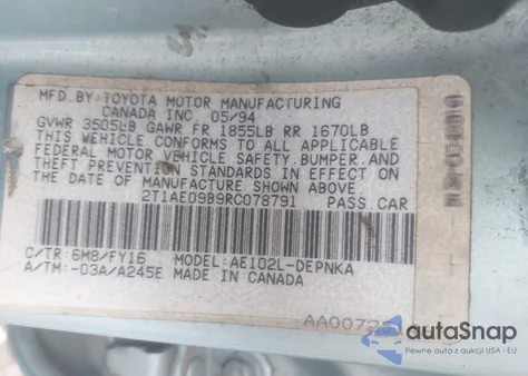 1994 Toyota Corolla Le/Dx z USA, uszkodzony, nr VIN 2T1AE09B9RC078791